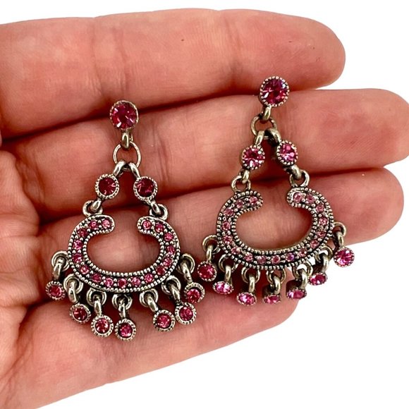 Pave Rhinestone Statement Drop Earrings Pink Silver NWT - Picture 2 of 2